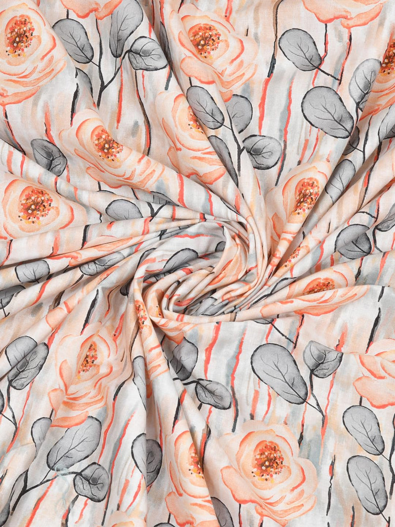 Salona Bichona Peach Floral Printed Cotton 300 Tc King Size Bedsheet with 2 Pillow Covers