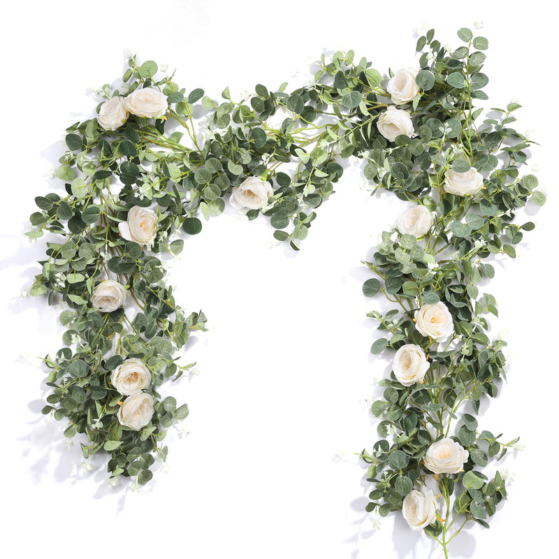 Der Rose 2Pack 13ft Artificial Eucalyptus Garland with White Fake Silk Flower Vine Eucalyptus Leaves Greenery Garland for Wedding Arch Table Decor