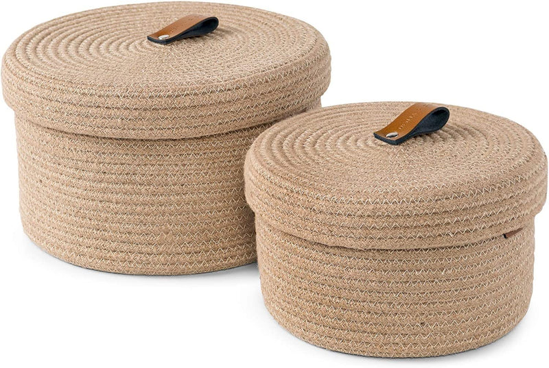 GRATIFY HOME boho round mini rope paper storage jute woven Shelf basket hamper baby nursery tray bucket organizer gifts set of 2 for kids toys,fruits,living room,bathroom,kitchen,office set 2 (Brown)