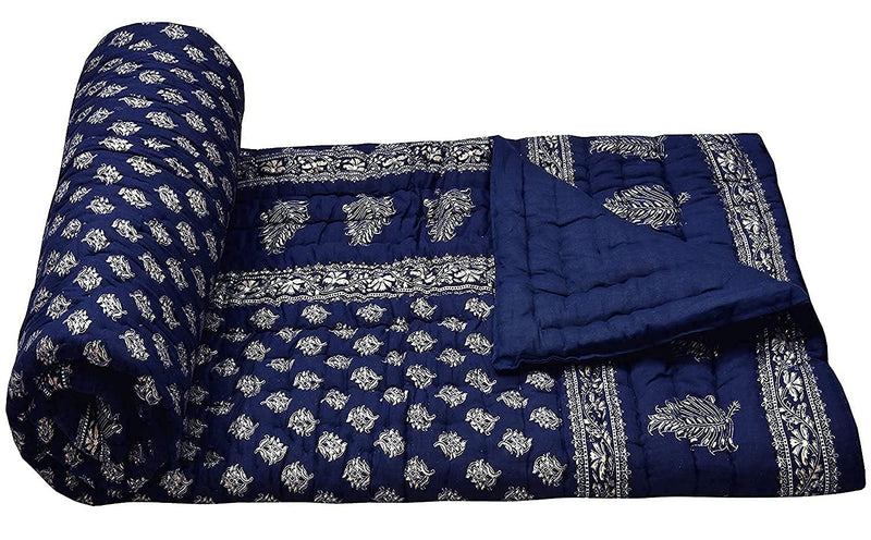 Cure & Care Jaipuri#Rajasthani#Traditional Single Bed Soft Gold Block Silk Print LightWeight Pure Cotton Jaipuri AC Quilt/Razai Navy Blue, Single (55 x 85) (Set of 2)