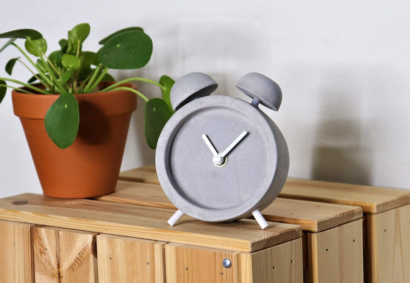 Driini Concrete Twin Bell Desk and Table Clock - Battery Operated with Precise Silent Sweep Movement. Perfect Small Clock for Guest Room, Bathroom, Living Room or Office.