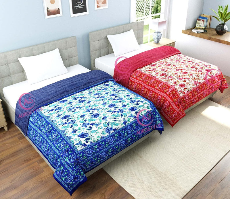 BLOCKSOFJAIPUR Jaipuri Razai Soft Light Weight Original Pure Cotton Winter and Summer Rajasthani Traditional Jaipuri Ac Quilt Single Bed, Set of 2