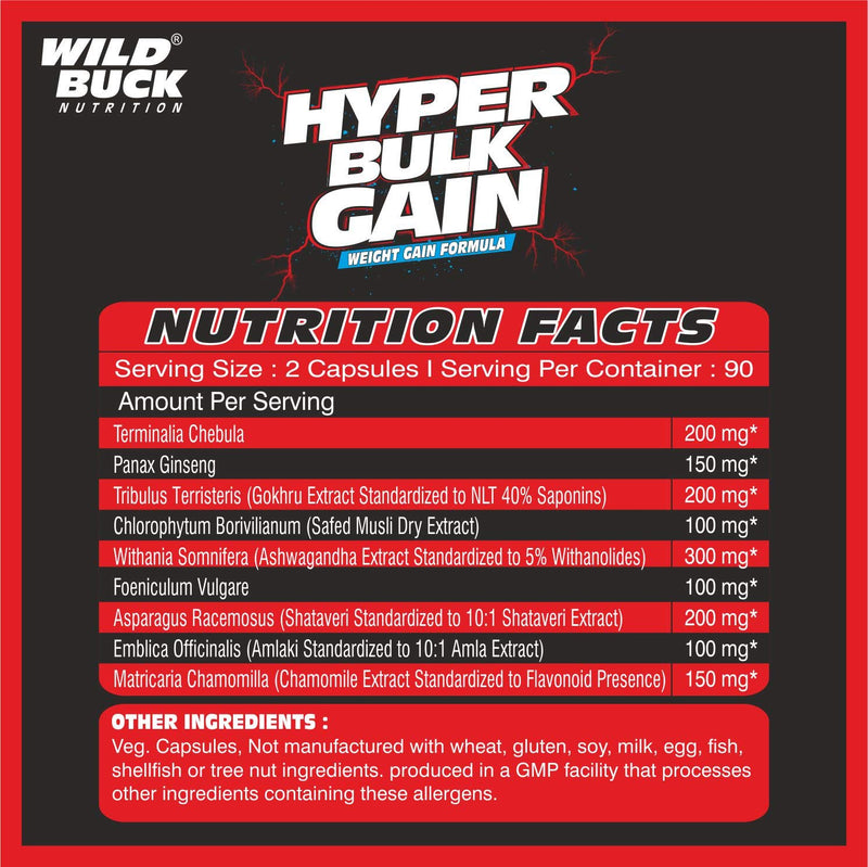 Wild Buck Hyper Bulk Gain Mass & Weight Gainer Capsule for Fast Weight & Muscle Gain, Daily Muscle Building Weight Lifters Supplement for Muscle Growth, Stamina & Strength, For Men & Women- 90 Cap.