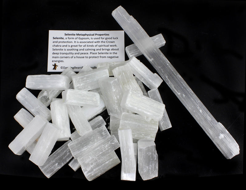 Dancing Bear Selenite Sticks Wands Bulk (35-40 pcs) 1.5-2 inch L X .25-.5" W Each, Bonus: Free 8" Selenite Stick & ID Card, Reiki, Chakra, Healing, Protection Grids, Good Luck, Positive Energy