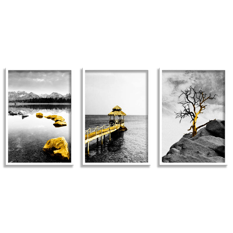 SAF paintings Set of 3 Water Bridge Modern Art Premium White Frame Painting For Wall Decoration, Bedroom, Paintings For living Room 31.5 inch x 13.5 inch,WHITEMX33585