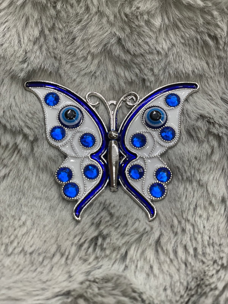 BLUE BEADS Silver Butterfly Turkish Evil Eye Fridge Refrigerator Sticker Magnet - Sign of Good Luck & Protection Unique Souvenir Items Home and Office Decorative Things & Car Accessories