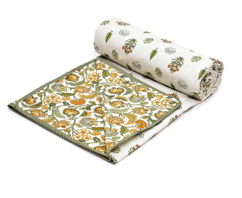 Craftino Cotton Yellow Floral Design Reversible AC Blanket / Dohar (Single)