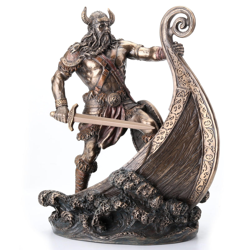 Veronese Design 9.5 Inch Norse Viking Warrior Standing On Long Ship Prow Antique Bronze Finish Statue