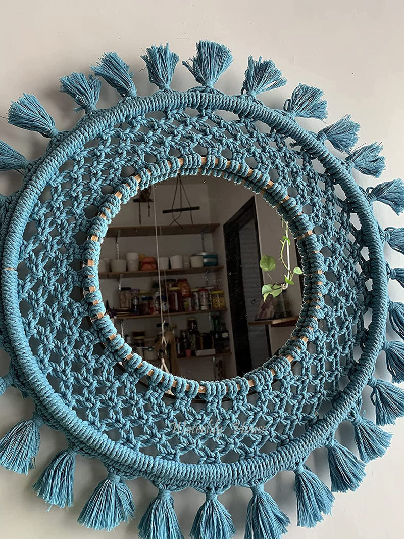 Waterlily House - Handmade Macrame Hanging Wall Mirror with Macrame Fringe Round Mirror.