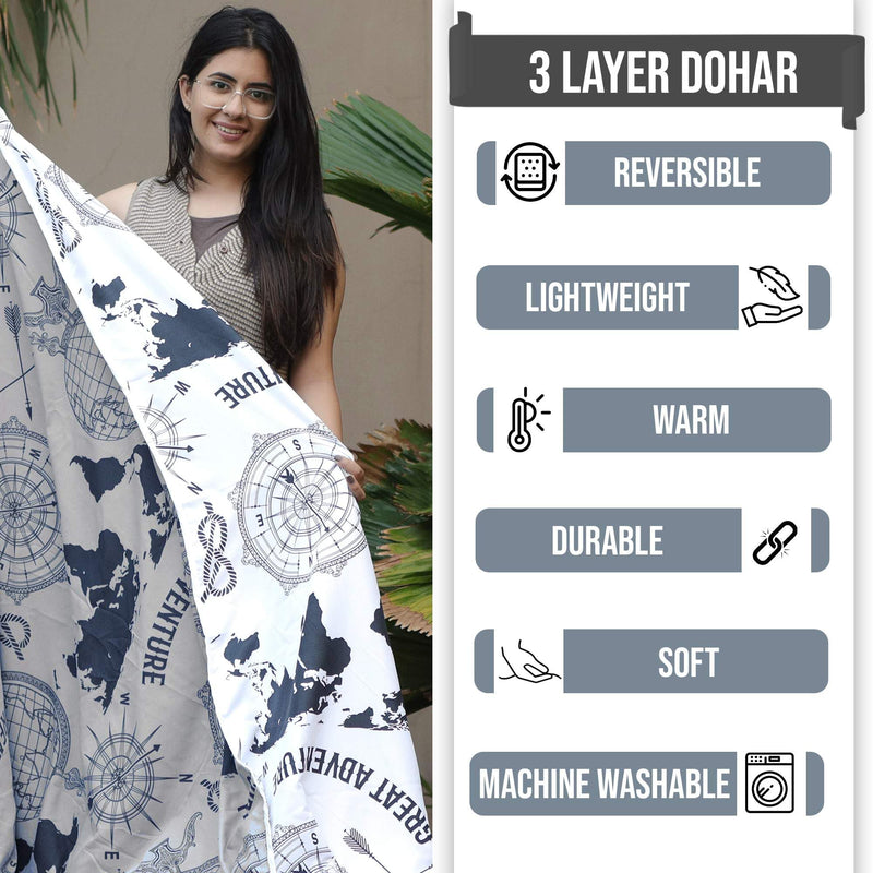 Divine Casa 120 GSM Polyester Reversible Lightweight Printed Single Bed AC Dohar Blanket - (Grey and White, 140 x 210 CM)