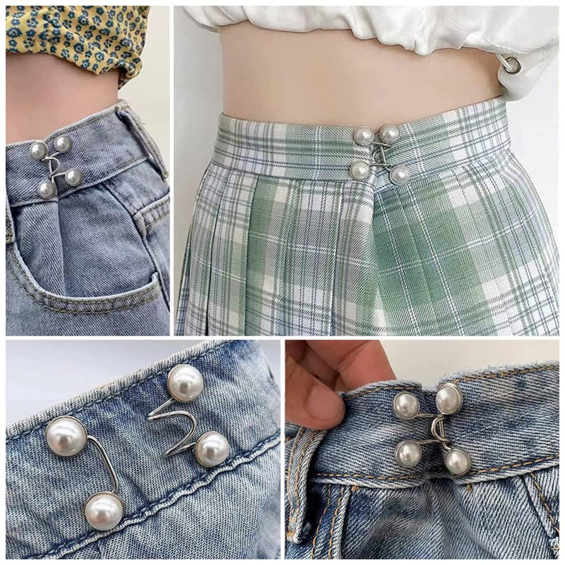 Adjustable Jean Button,2 Sets Jean Button Pins,Adjustable Waist Buckle Extender for Jeans,Waist Tightener Instant Clips for Loose Jeans Skirts(White Pearl)