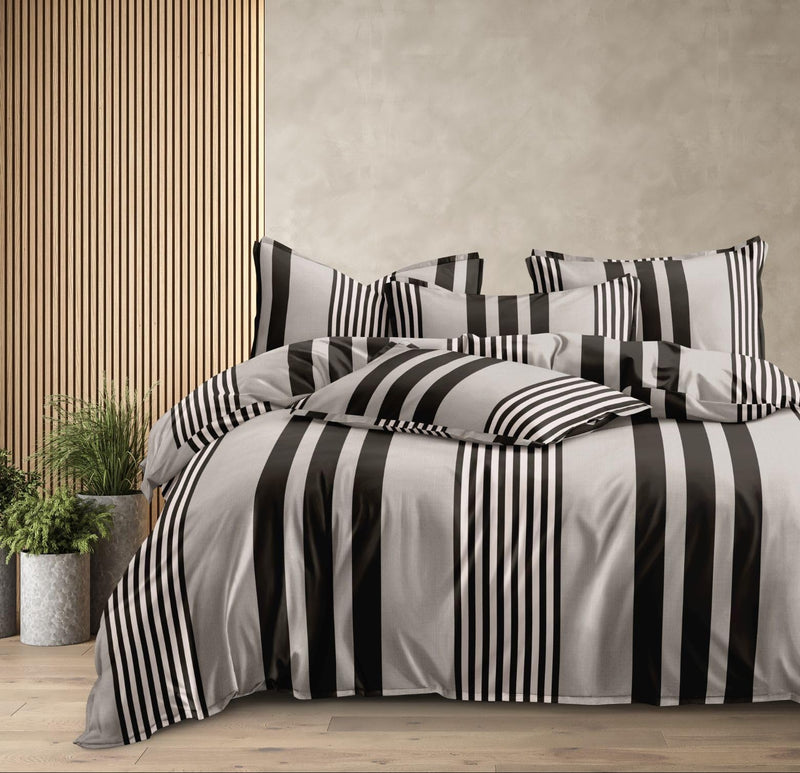 Castiqa Cotton Feels All Over Elastic Fitted Bedsheet Set Perfect Upto 10inch Mattress with 2 Matching Pillow Covers Size-18x28inch (King Size 72x78, Black Stripes)