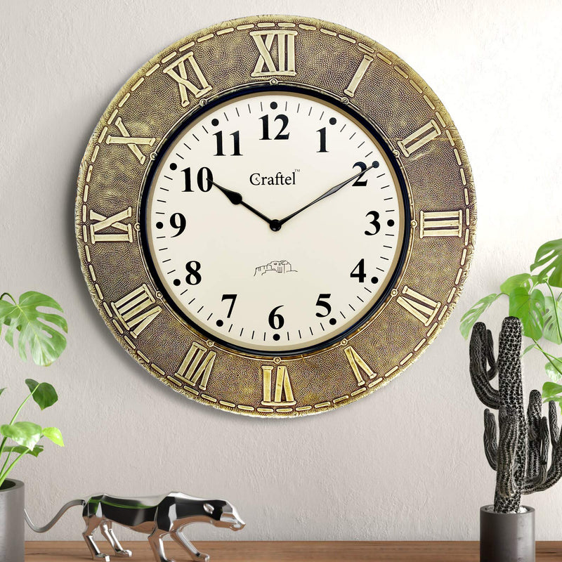 Craftel Brass Metal Roman Dial Wall Clock Antique Round Clock for Bedroom Living Room Home and Office (Gold)