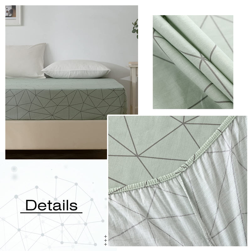 VM VOUGEMARKET Geometric Single Bed Fitted Bottom Sheet Green,100% Cotton Fitted Sheet with 15" Deep Pocket-King,Ultra Soft& Breathable (King, Geometric)