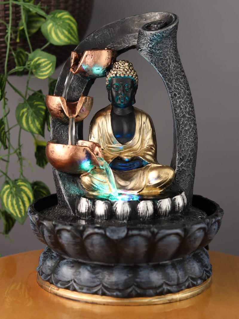 SPLICE Resin Buddha Water Fountain with LED Light 3-Tier Indoor Water Fountain for Home and Office Decoration Showpiece