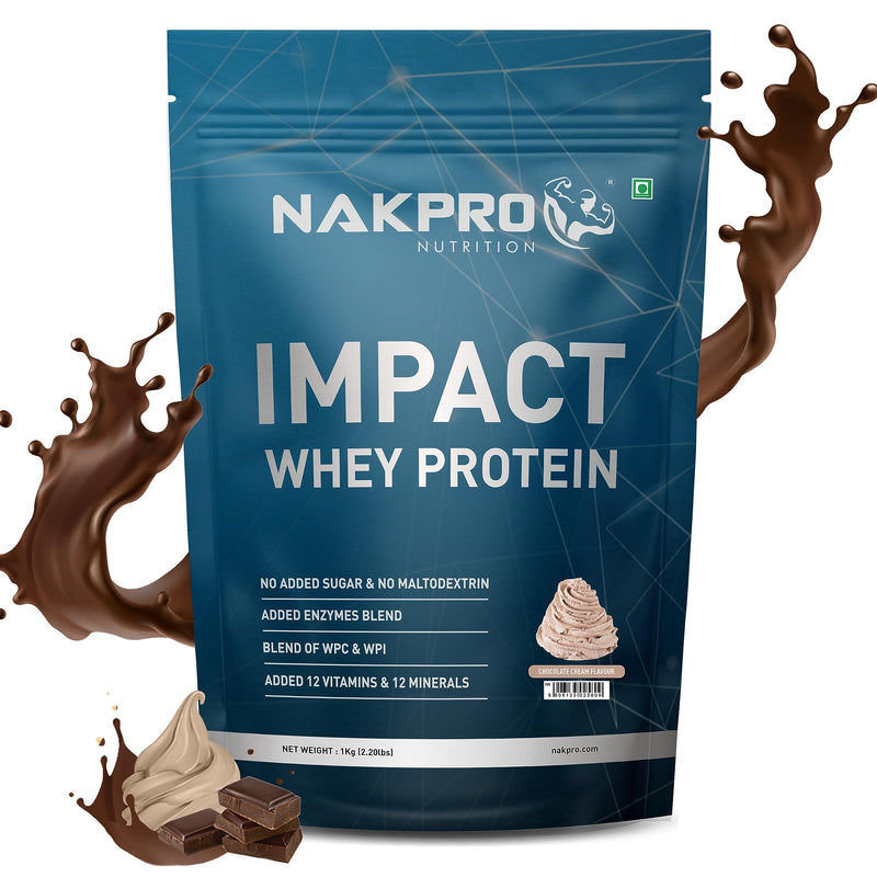 NAKPRO Impact Whey Protein 1kg | Isolate & Concentrate | 24g Protein & 4.9g BCAA | With Digestive Enzymes for better Absorption | Lab Tested 100% Authentic Supplement Powder & No Adulteration - Chocolate Cream Flavour