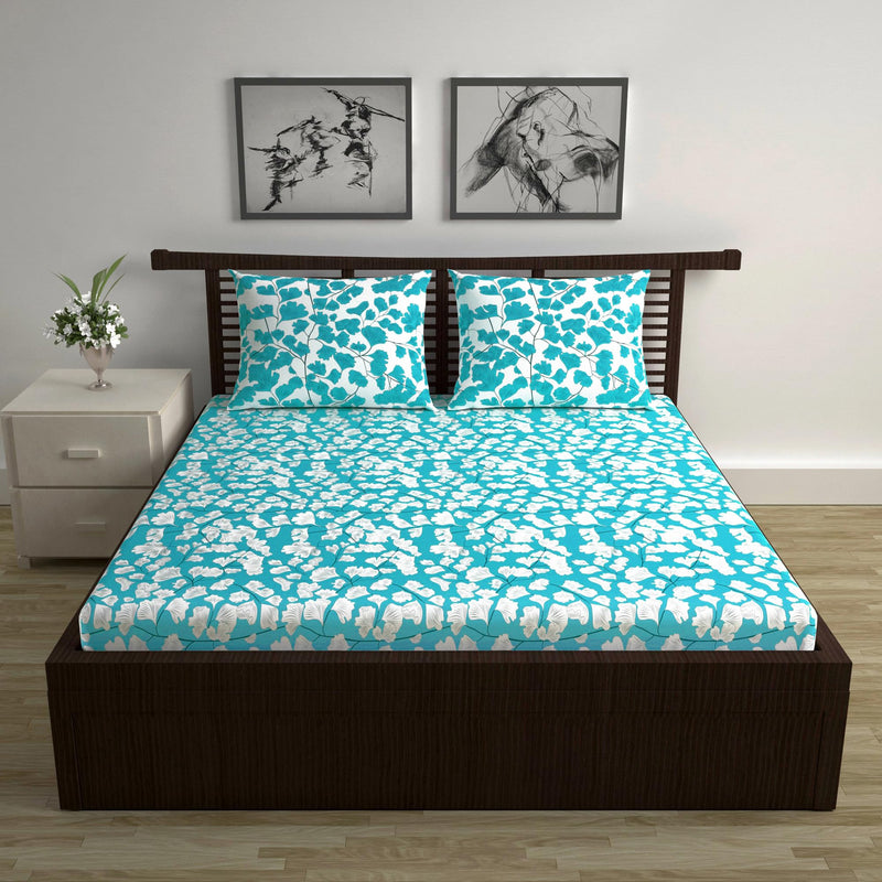 Divine Casa 120 Tc 100% Cotton Floral Blue Bedsheet For Double Bed With Pillow Covers - 254 X 222 Cm