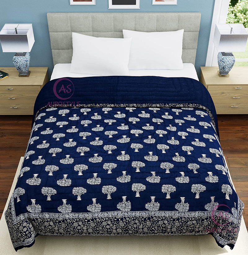 Woodsy Jaipuri Razai Rajasthani Traditional Tree Golden Print Soft Light Weight Pure Cotton Winter and Summer Rajai Ac Quilt Razai/Rajai/Quilt/Blanket/Dohar/Comforter (Single Bed, Set Of 2, Blue Tree)