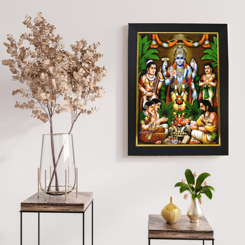 101Temples - Divinity Eternity Spirituality Satya Narayana Swamy wood god Photo Frame for pooja room with Wall Hook, 1 Piece | 10” x 13”, Matt Finish
