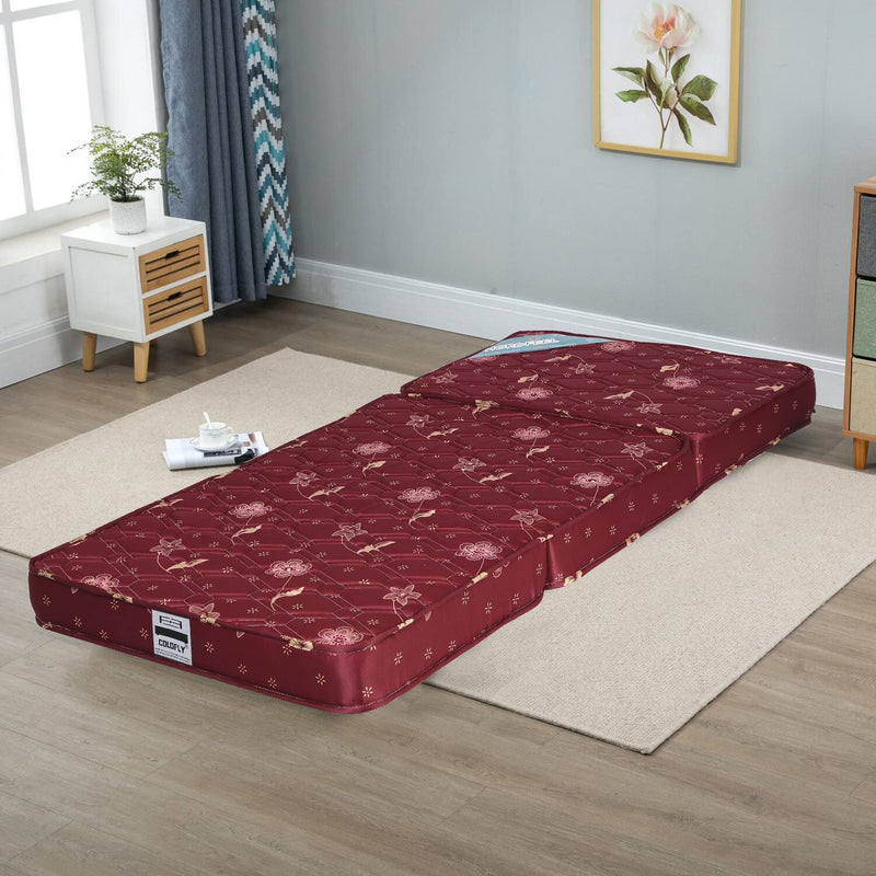 COLOFLY 4 inch Soft Bounce Single High Density PU Foam Foldable Mattress | Bed Cum Sofa Foldable Medium Firm Mattress for Travelling, Maroon (72x35x4 inch, 3 Fold)