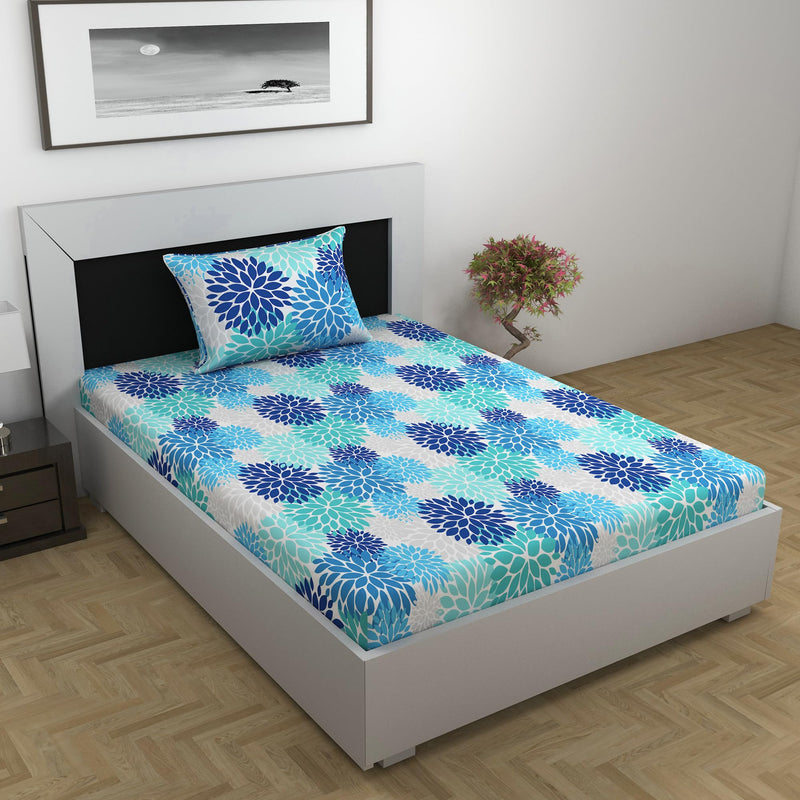 Divine Casa 144 TC 100% Cotton Set of 2 Combo Bedsheet of Single and Double Bed | Blue | Floral Print