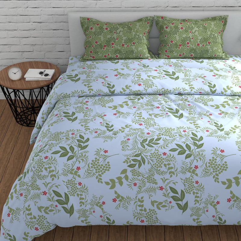 Huesland by Ahmedabad Cotton 144 TC King Size Bedsheet Cotton with 2 Pillow Covers | 108 x 108 inches | Botanical Bliss | White & Green