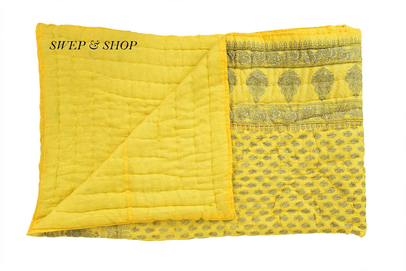 Namaste India Cotton Quilt Blanket (Single, Yellow)