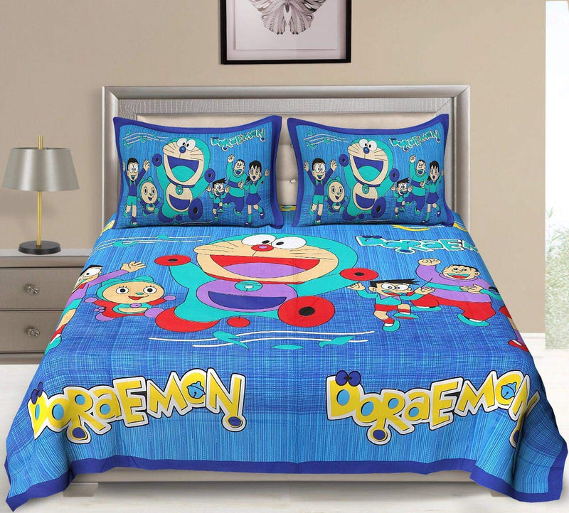 Lakshita Enterprises 100% Cotton Doraemon Printed Kids Cartoon Bedsheet for Kids, Soft Designer Double Bedsheet with 2 Pillow Covers (270 cm X 225 cm)