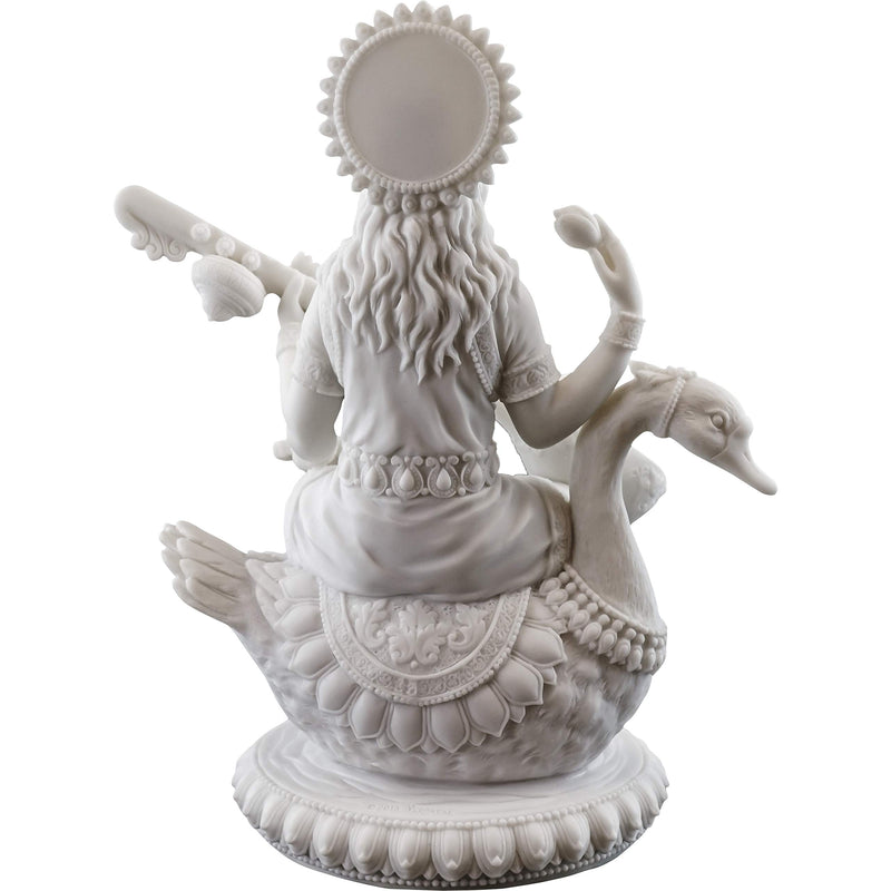 Top Collection 8" H 7" W Saraswati on Swan Statue in White Marble Finish - Hindu Goddess of Knowledge Sculpture