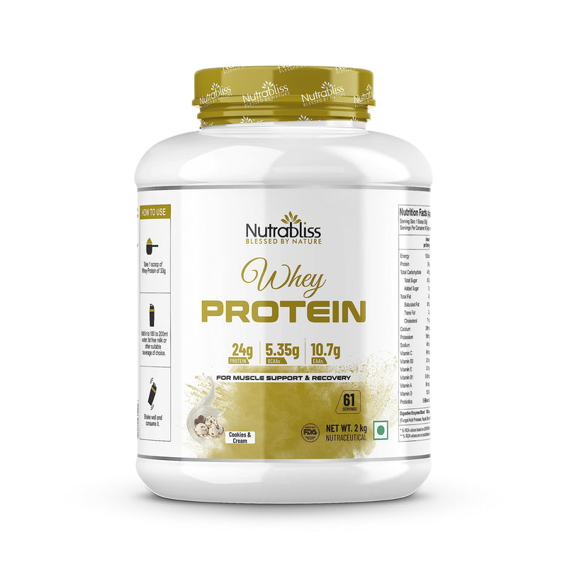 Nutrabliss Premium Pure Whey Protein Concentrated blended with digestive enzymes and probiotics | 100% tested and guaranteed Whey Protein - 24 Gram Protein per serving (Cookies and Cream, 2 Kg)