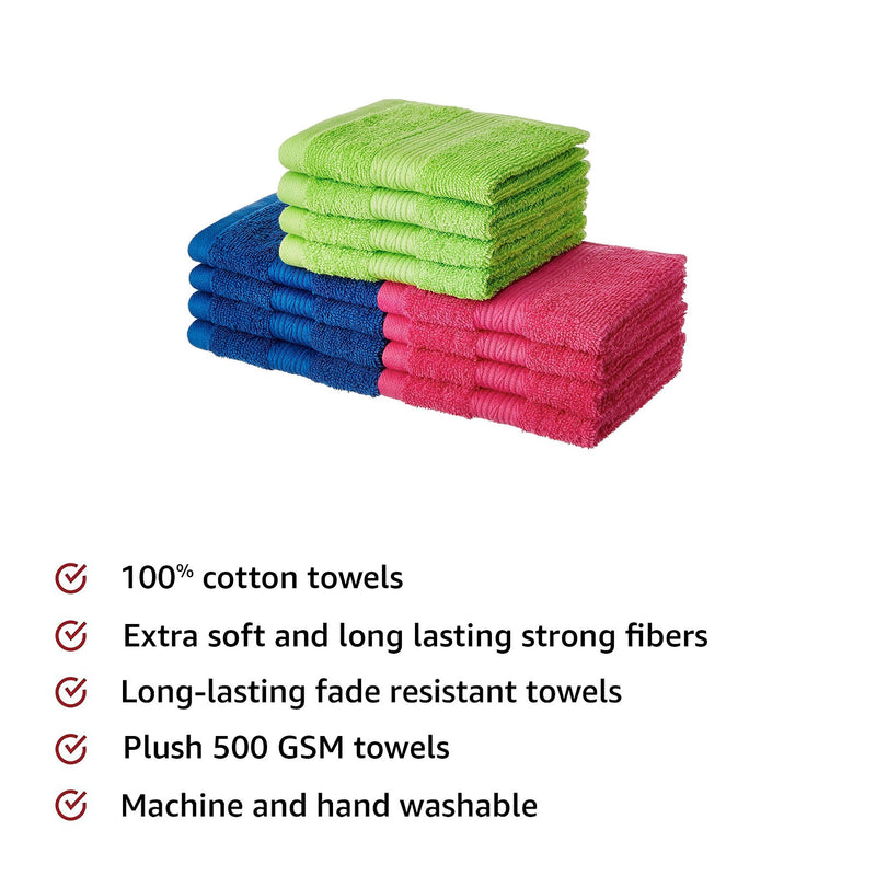 Amazon Brand - Solimo 100% Cotton 12 Piece Face Towel Set, 500 GSM (Multicolour)