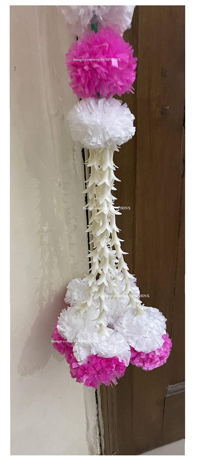 Sphinx Artificial Marigold Fluffy Flowers and Tuberose (rajnigandha) Triple Lines Door toran Set/Door hangings (Approx. 100 x 158 cms (White and Baby Pink)