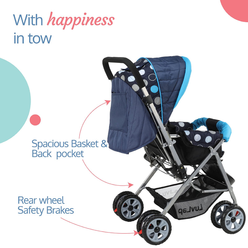 LuvLap Sunshine Baby Stroller / Pram for 0 to 3 Years, New Born / Toddler / Kid, 5 Point Safety Harness, Adjustable backrest, 360° Swivel Wheel, Large storage basket, Reversible Handlebar (Blue)