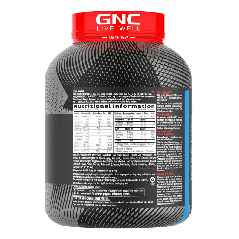 GNC AMP Mass XXX Gainer | 2 Kg | Boosts Lean Muscle Gains | Amps Up Workout Results | Increases Strength & Endurance | 50g Protein | 10g BCAA | 125g Carbs | 3g Creatine | Chocolate| Imported