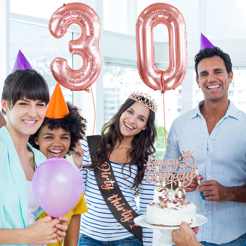 30th Birthday Decorations for Women Black Rose Gold with Glittery Black Dirty 30 Birthday Sash and 30 Tiara, Rose Gold 30th Birthday Candles, Cake Topper and Number 30th Birthday Balloons