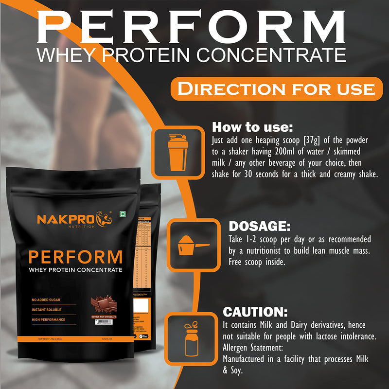 NAKPRO Perform Whey Protein Concentrate | 24g Protein, 5.3g BCAA per Serving | Muscle Recovery Workout Drink, Lean Muscle Growth (1 Kg, Double Rich Chocolate)