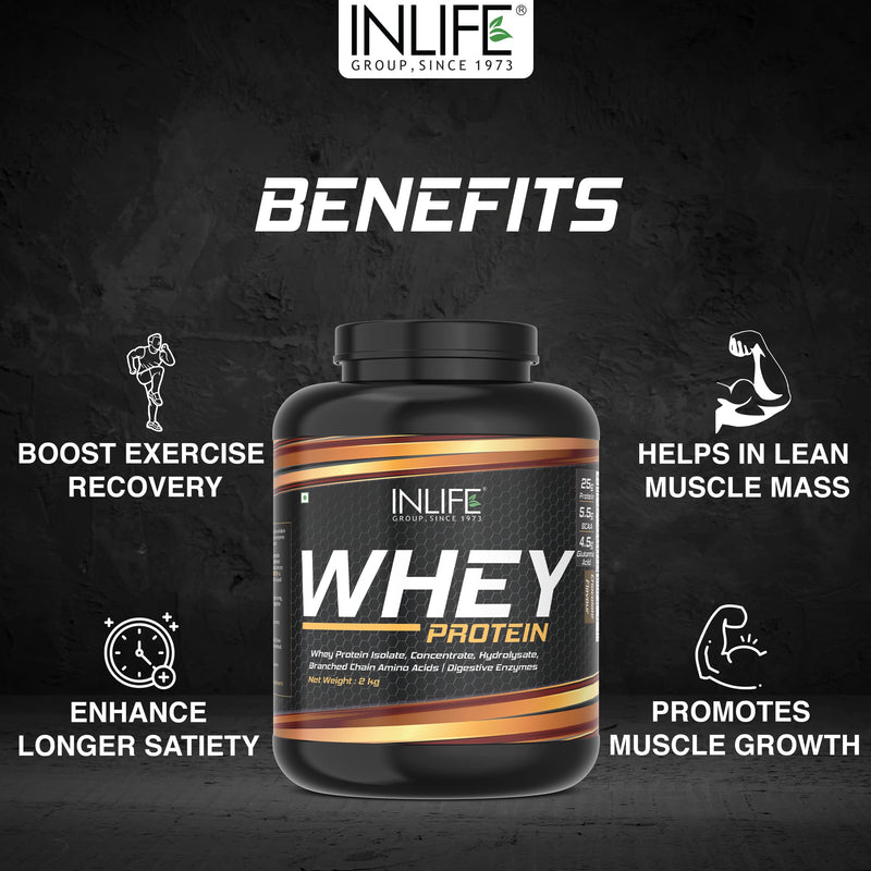 INLIFE Whey Protein Powder | Blend of Isolate Concentrate Hydrolysate | Sports Nutrition Workout Drink, Muscle Food, Body Building Supplement (Chocolate, 2kg)