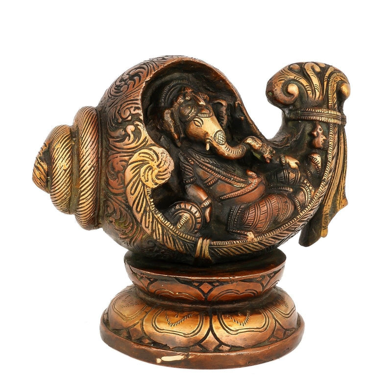 Collectible India Conch Ganesh Idol Relaxing Hindu God Statue Brass Sculpture Diwali Decor Gift