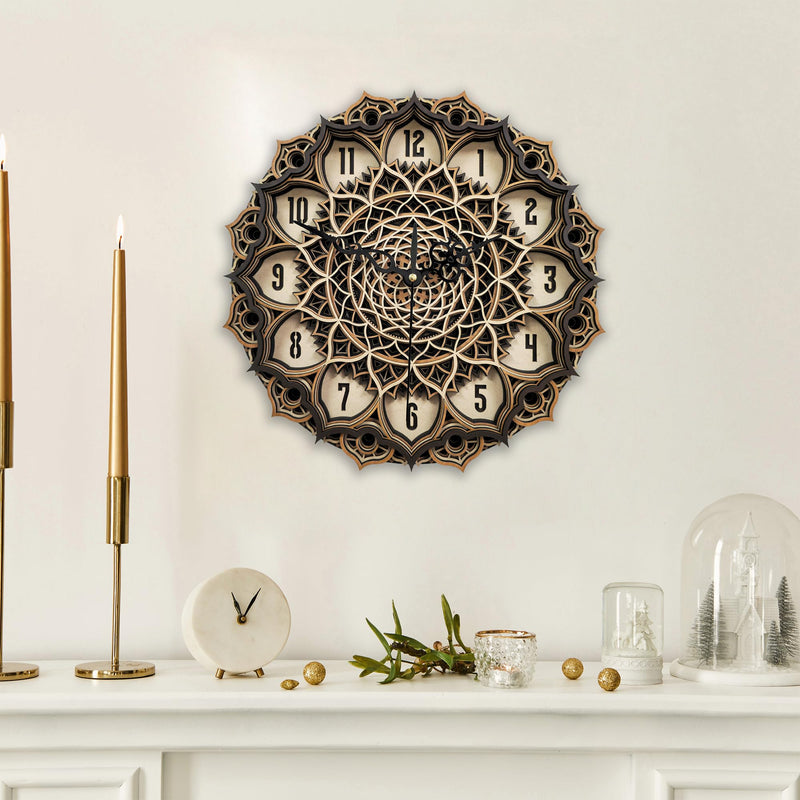 AMC Mandala Wooden Multilayer Round Shape Wall Clock Living Room Clock Unique Wall Decor for Home Decoration and Gifting12X12 INCHES (Design 01)