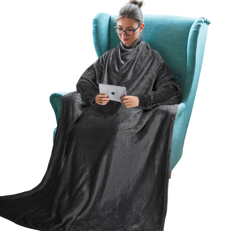 Wearable Fleece Blanket with Sleeves for Adult Women Men, Super Soft Comfy Plush TV Blanket Throw Wrap Cover for Lounge Couch Reading Watching TV 73" x 51" Black