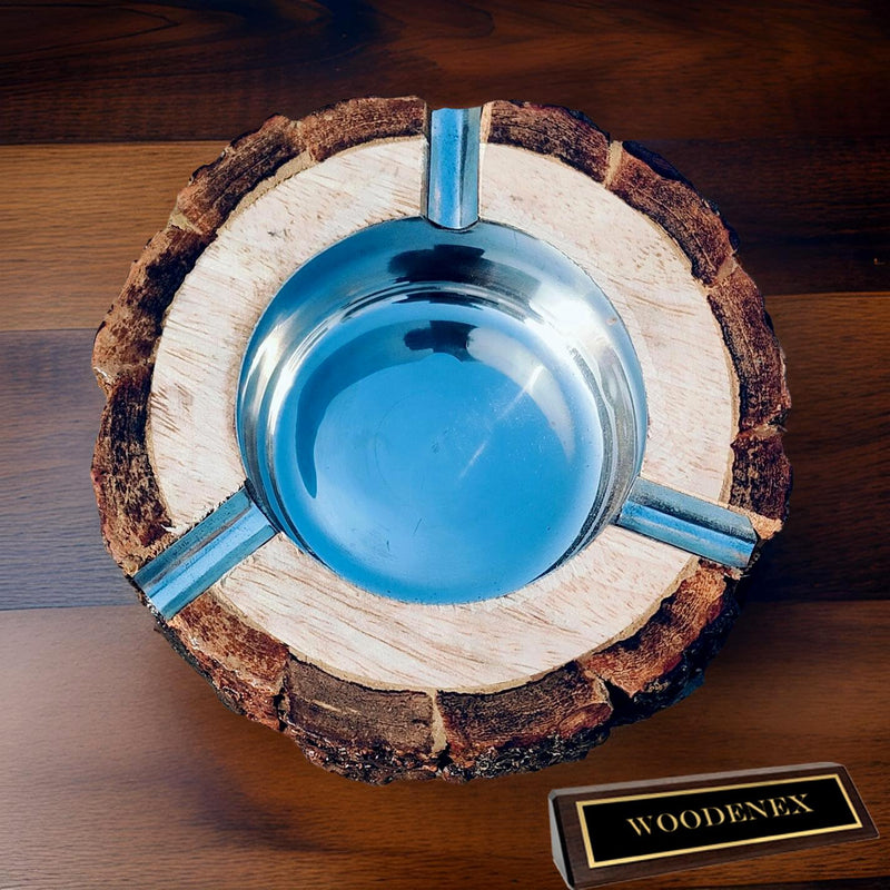Woodenex Rustic Tree Bark Natural Wood Ashtray with Steel cup inside, Handcrafted Tree Trunk Decorative Ash tray, Dark Brown, Wooden Bark Natural Antique Ash catcher
