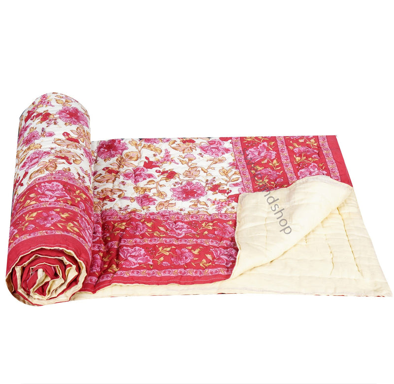 FABDESIGN QUILTS 300 TC Single Bed Pink Jaipuri Razai Organic Pure Cotton Jaipuri rajai Ac Quilt for Winter Soft Light Weight Rajasthani Traditional Cotton Razai (55 x 85 inch)