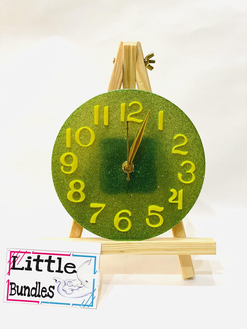 Little Bundles Table Clock with Wooden Stand - 6" (Sparkle Green)