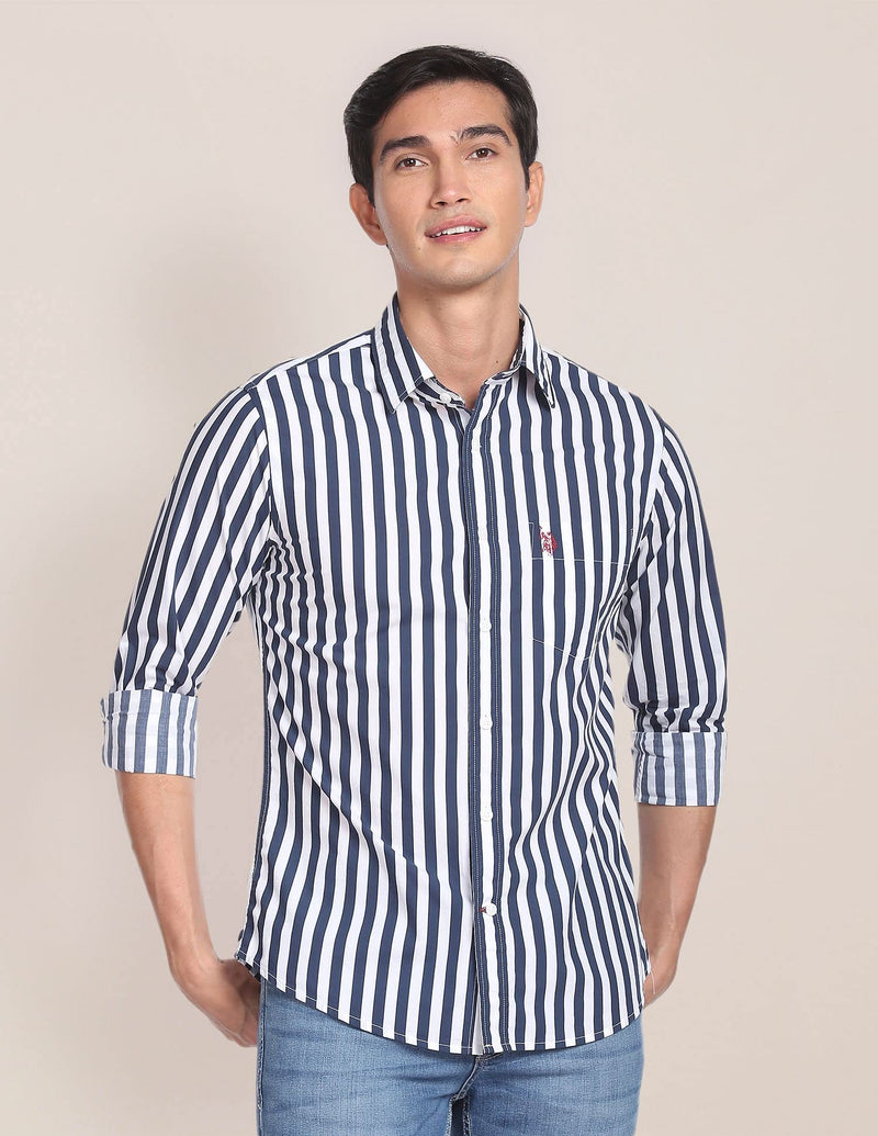 U.S. POLO ASSN. Mens Printed Stripe Regular Fit Fs Shirts (Usshtfx0072_Navy_M)