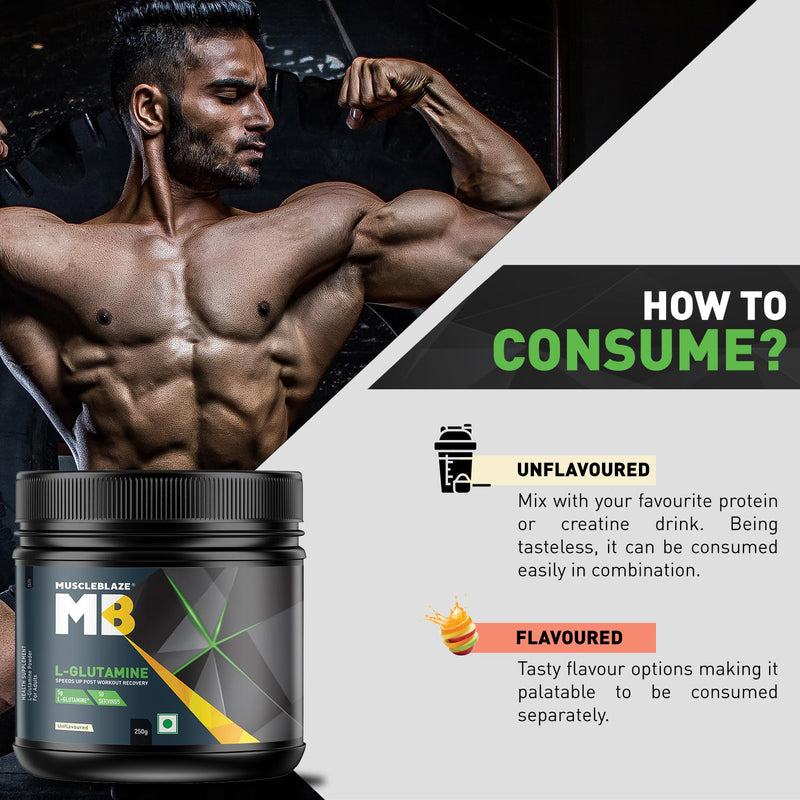 MuscleBlaze L- Glutamine, Post Workout Recovery Powder for Adults , 5 g Glutamine (Unflavoured, 250 gm, 50 Servings)