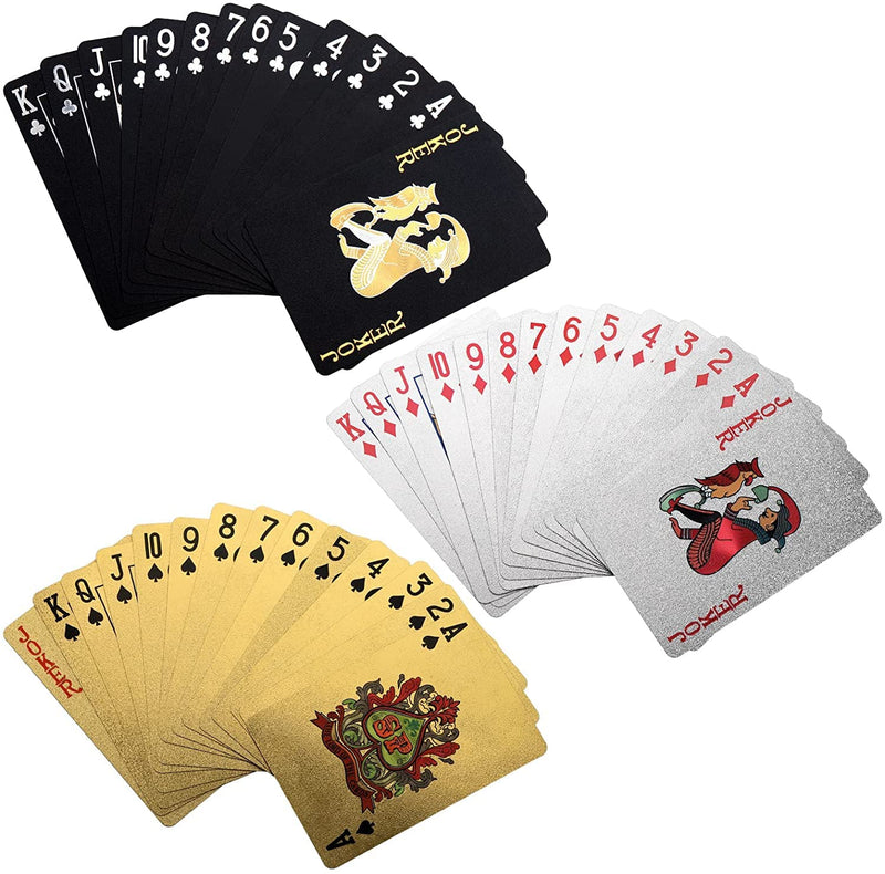 India Toy Gold Deck of Waterproof Cards, Flexible PVC Plastic Gold Playing Cards Premium Poker Cards Gold Waterproof Playing Cards Washable Flexible Use for Party Game (3 in 1, Gold- Black and Silver)