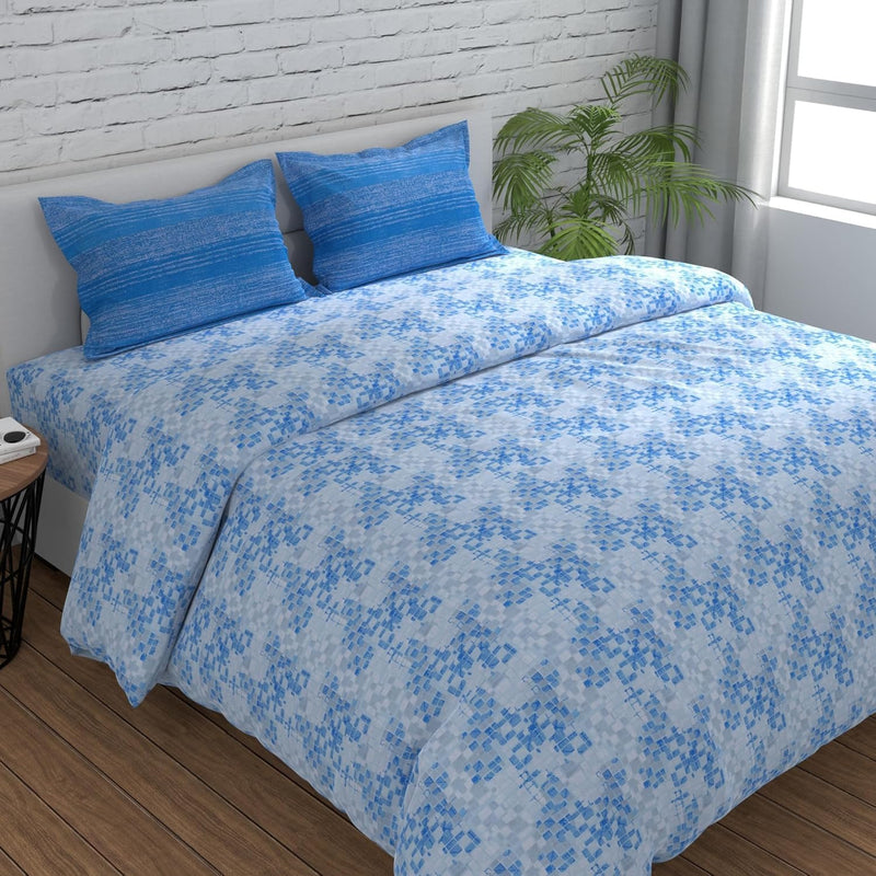 Huesland by Ahmedabad Cotton 144 TC King Size Bedsheet Cotton with 2 Pillow Covers | Grid | 108 x 108 inches | Blue, Grey & White