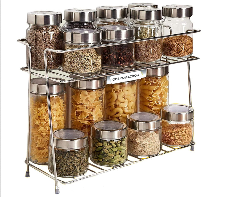 CR18 COLLECTION Multipurpose Spice Rack Stainless Steel 2 Layer Corner Storage Rack Shelf & Spice/Masala Boxes Container/Basket for Utensils-Dishes-Plates for Kitchen, Tiered Shelf