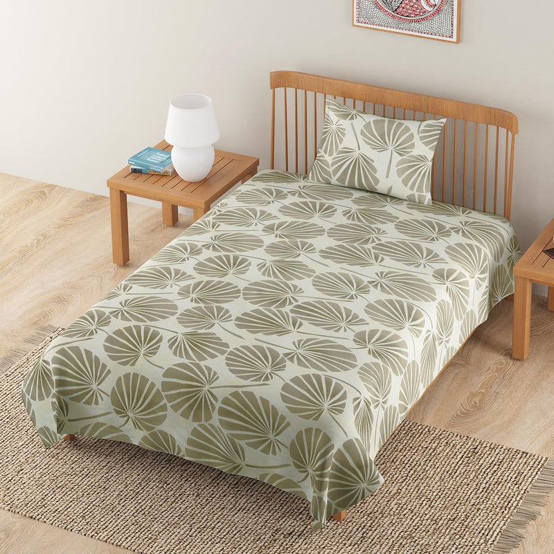 HOKIPO Cotton Feel Brushed Microfiber 145 GSM Printed Bedsheet for Single Bed, 60 x 90 inches with 1 Pillow Cover, Tropical Leaves Cream (IN-772-D1)