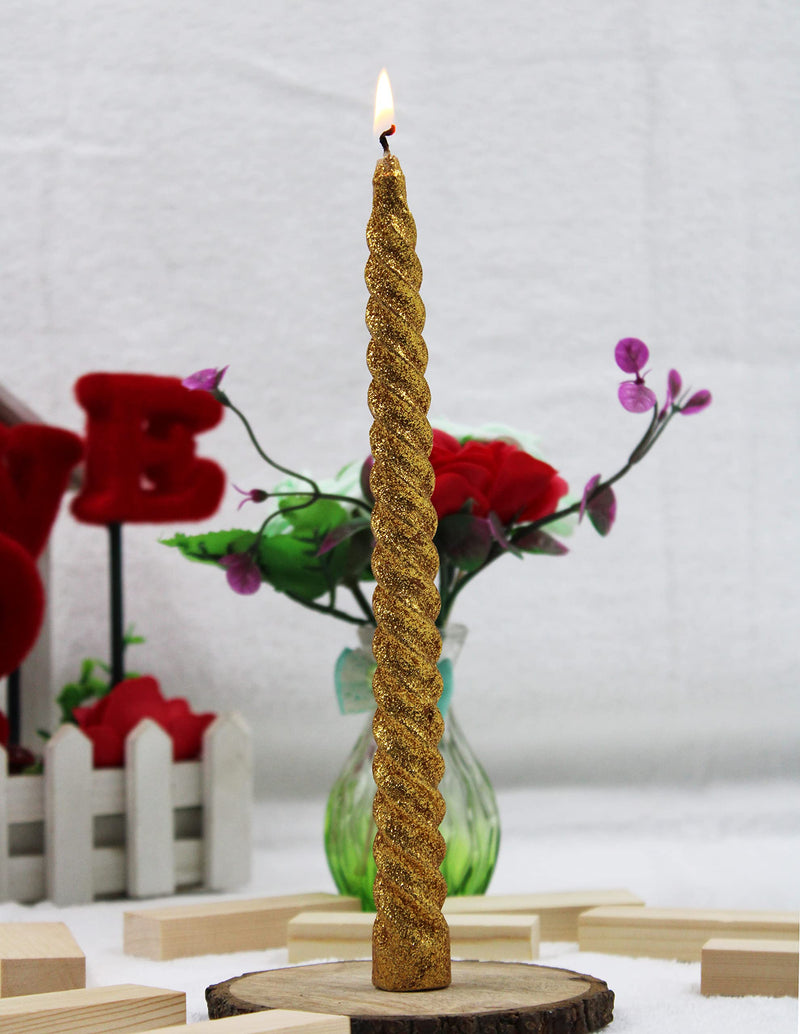 atorakushon Spiral Taper Stick Candles Handmade Glitter Twisted Candles-Set of 8 for Decoration Weddings Party Church Dripless Candles10 inch (Golden)